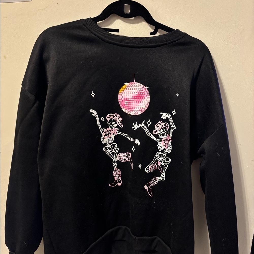 Black Sweatshirt with Dancing Skeletons and Disco Ball